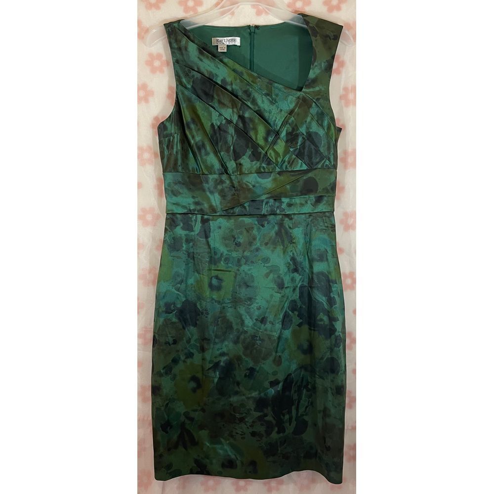 Kay Unger Green Floral Watercolor Print Sleeveless‎ Cocktail Party Dress Small
